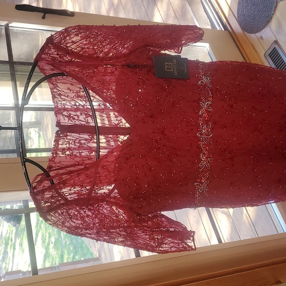 Lucci Lu Formal Elegant Burgandy Embellished Lace Maxi Sz. 10 Event Gown NWT - Picture 4 of 16